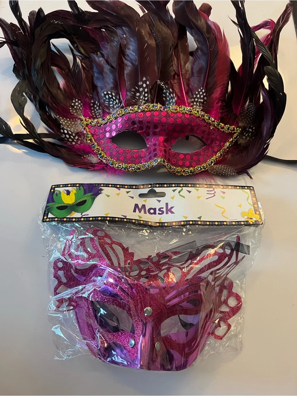 Feathered Large Masquerade Mask in Deep Pink and Medium Pink Sequin Mask